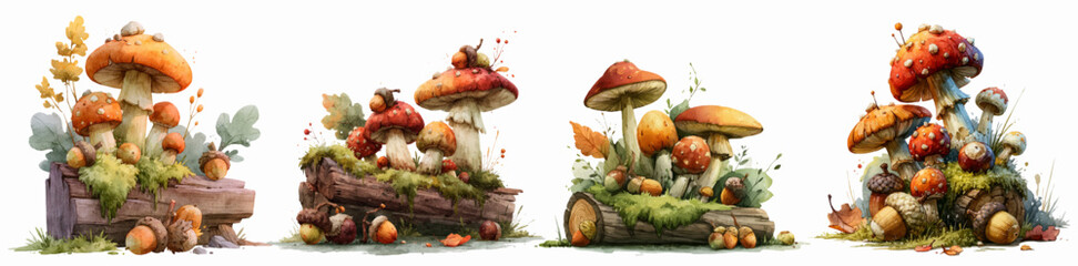 Obraz premium Watercolor forest fungi arrangements growing on logs with moss and acorns, depicting autumn nature and woodland floor elements, isolated botanical illustration for decorative design