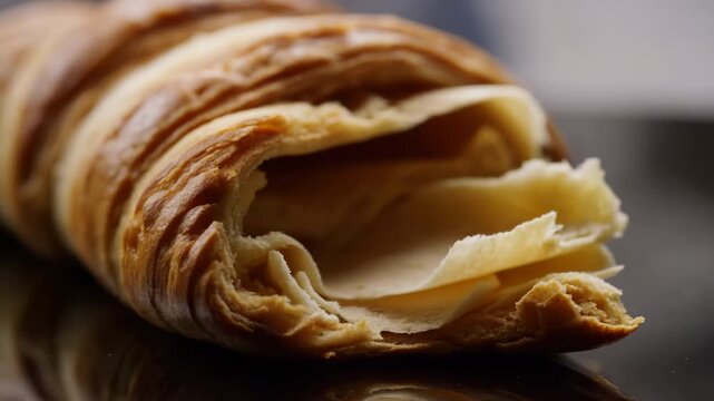 Close-up torn croissant revealing flaky laminated layers and soft crumb on glossy dark tabletop, lit by warm directional light with subtle reflection and rich bakery texture