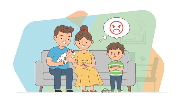 Sad young boy looking jealous while his parents cuddle a newborn baby on the sofa, with an angry speech bubble.