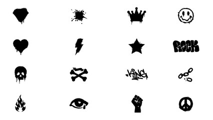 Fototapeta premium Symbols Featuring Graffiti-Style Icons Including Heart, Skull, Crown, Peace Sign, and More Featuring Rock, Star, Lightning