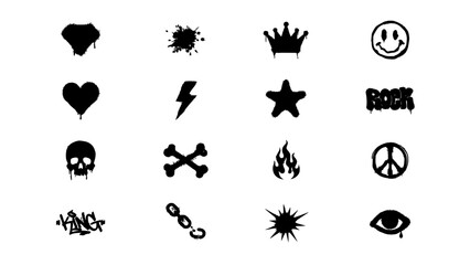 Fototapeta premium Symbols Featuring Graffiti-Style Icons Including Hearts, Skulls, Stars, and Peace Signs Featuring Heart, Skull, Star with Crown