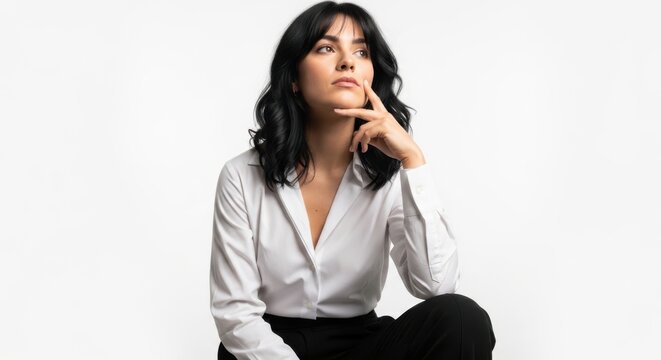 Woman thinking with hand on chin in deep thought