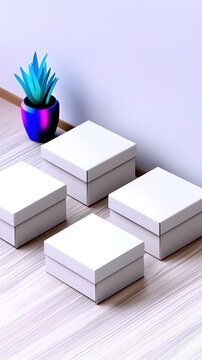A small potted plant sits beside several closed white gift boxes on a wooden floor