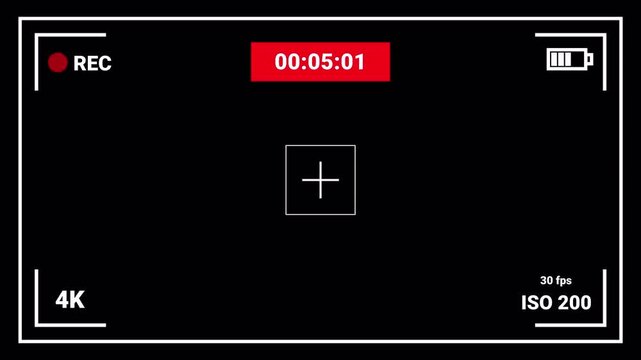 Camera frame. video screen with time recording indicator and viewfinder. transparent background. 4K resolution. 30 fps best for camera footage and screen recording
