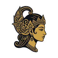 Traditional Javanese Woman Profile Illustration, Batik Art Style, Golden Ornate Headdress © Tiga