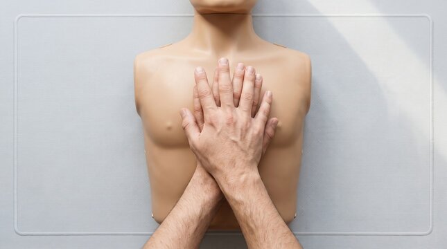 Hands performing cardiopulmonary resuscitation technique on a medical training manikin torso model