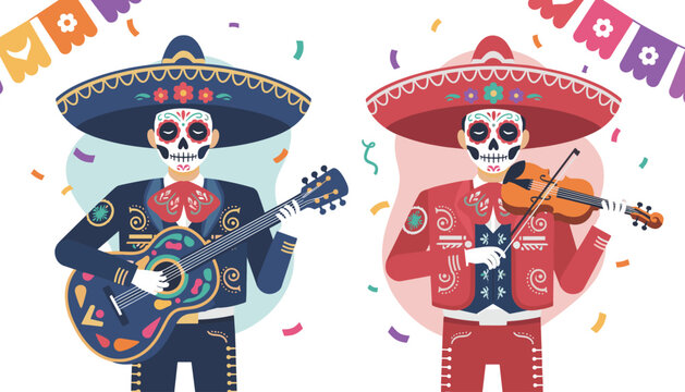 Talented Mexican mariachi musicians with traditional skull face makeup playing guitar and violin for day of the dead.