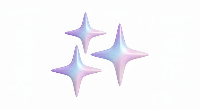 Minimalist 3D render of three iridescent pastel sparkles with four-pointed star shapes on a white background.