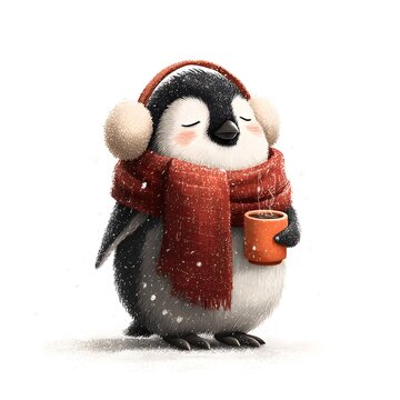 Cute chubby penguin wrapped in a cozy red scarf, holding a mug of hot cocoa, wearing fluffy earmuffs, sleepy happy expression, snowflakes, festive holiday atmosphere.