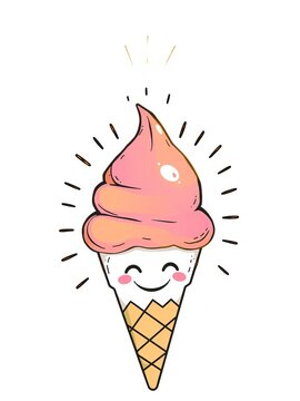 Summer sunshine pouring over a doodle of a smiling ice cream cone, whimsical, design elements