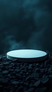 Round white stone platform sits atop dark rocky floor bathed in moody smoky atmosphere, cryptic symbols, mysterious landscape