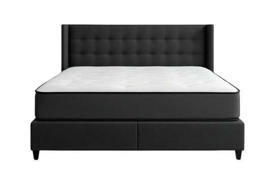 Black modern upholstered bed with tufted headboard and white mattress, creating a comfortable contemporary sleeping furniture