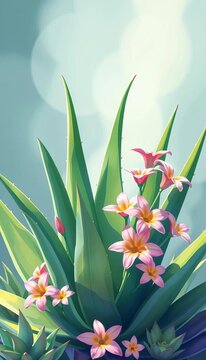 Whimsical illustration of aloe vera plant with flowers, vera, ||aloe