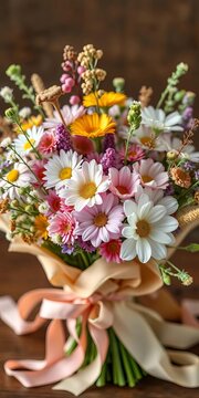 Whimsical mix of pastel-hued wildflowers in a vintage-inspired bouquet with ruffled ribbon wrapping, whimsy, decorative wrapping