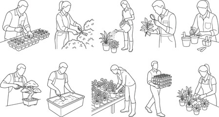 Obraz premium Set of professional gardeners and plant nursery workers performing various horticulture and botanical care tasks.
