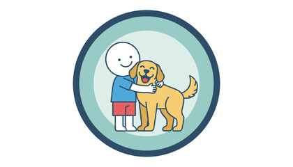Fototapeta premium Heartwarming illustration of a simple cartoon character hugging a loyal golden retriever dog inside a circular frame.