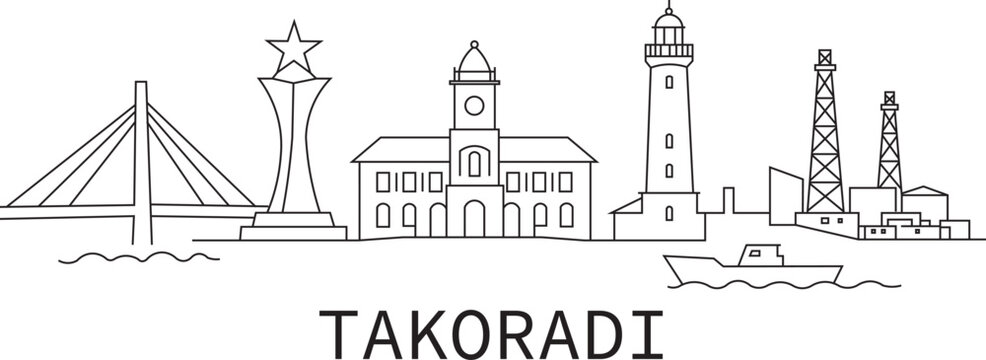Simple line art shows Takoradi's iconic skyline