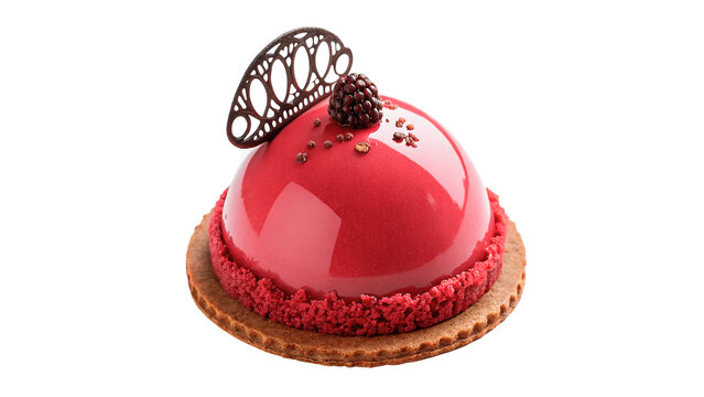 Elegant red glazed mousse cake topped with chocolate swirl festive dessert isolated on transparent background