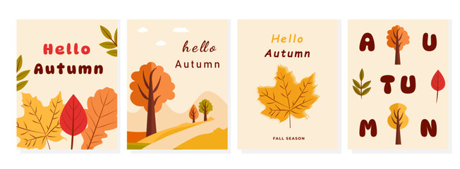 Hello Autumn Greeting Cards. Set of greeting cards with maple, oak, birch leaves, trees and text. Vector design © anastasibu11
