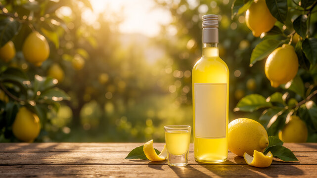 Bottiglia di limoncello con limoni freschi al tramonto