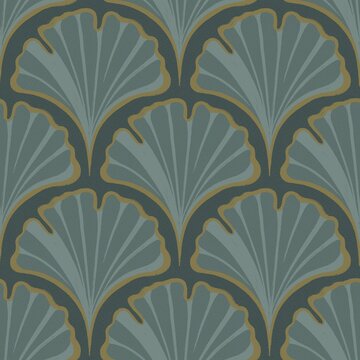 Seamless art deco ginkgo fan pattern in teal and gold, large scale luxury wallpaper design for fabric, home decor and packaging