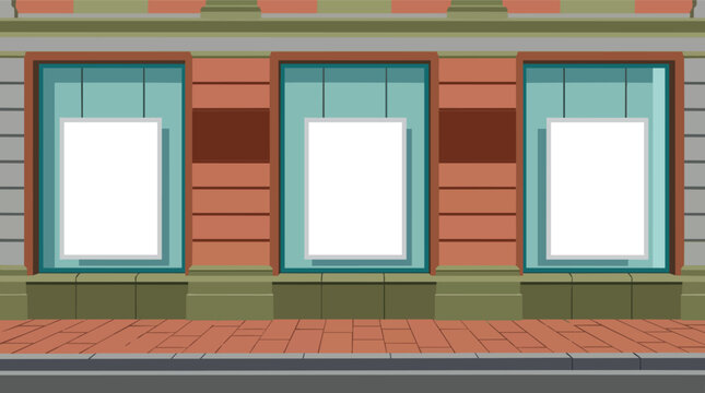 Blank storefront window posters and street advertising mockup flat vector illustration for retail marketing branding