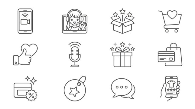 Online Shopping Icons Set: E-commerce, Gifts, Customer Service, Social Media, Sale