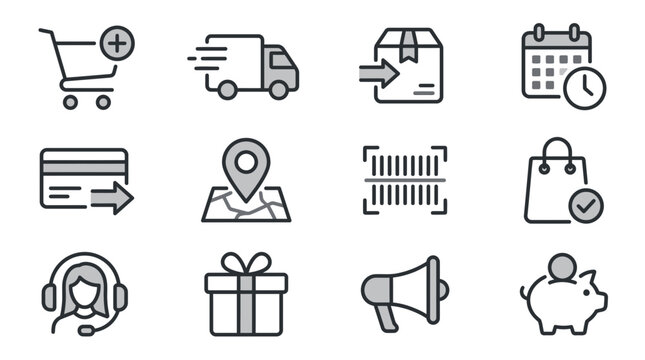 Online Shopping Icons Set: Delivery, Payment, Location, Shopping Cart, Support, Gift, Promotion, Piggy Bank