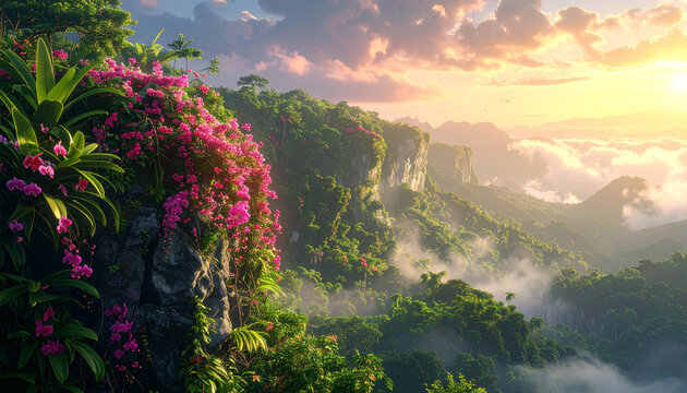 Mountain landscape with flowers and sunlight