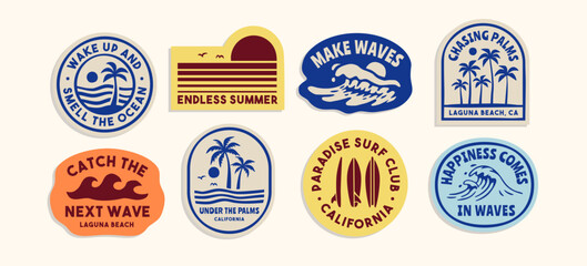 Vintage surf badge collection featuring beach, waves, palm trees, and California-inspired graphics. Perfect for t-shirt designs, stickers, branding, and summer-themed designs. © cddesign.co