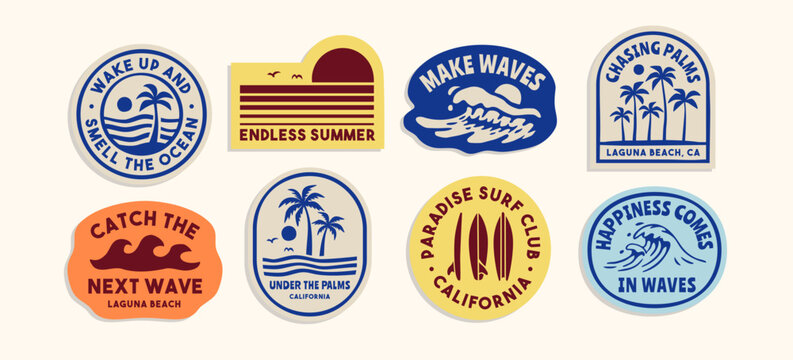 Vintage surf badge collection featuring beach, waves, palm trees, and California-inspired graphics. Perfect for t-shirt designs, stickers, branding, and summer-themed designs.