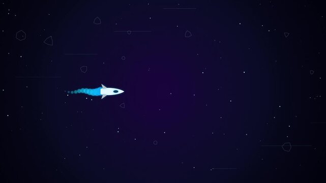Minimalist Flat Design Rocket Flying Through Deep Space with Stars and Abstract Asteroids Background