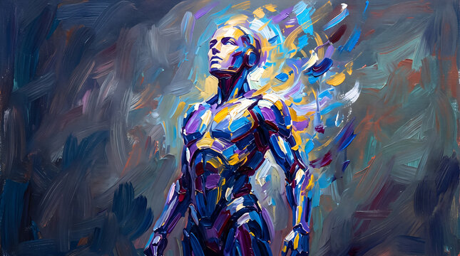 Cyborg Figure Transcending and Ascending in Impressionistic Palette Knife Oil Painting Style