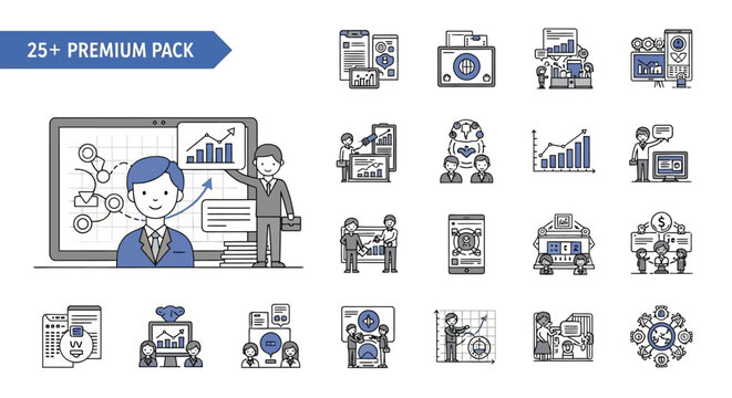 Comprehensive vector icon pack for business strategy, financial analytics, data visualization, and team collaboration, perfect for professional presentations, reporting, and digital platforms