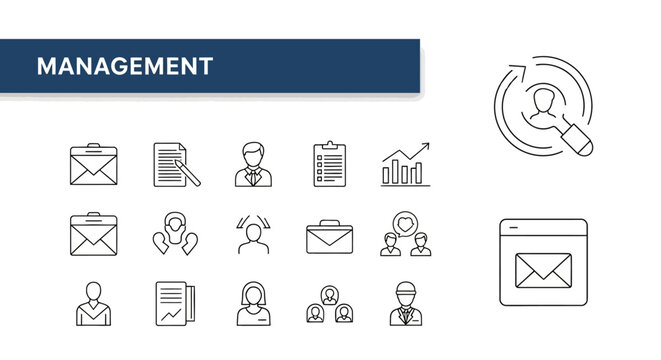Vector line icon set of modern business management, human resources, and organizational workflow concepts, ideal for corporate presentations, dashboards, and digital interfaces