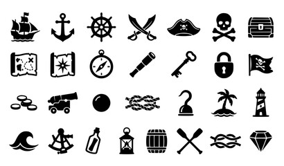 Minimal black pirate adventure vector icon set featuring anchors swords treasure maps locks and nautical symbols isolated on white background © Jahangir