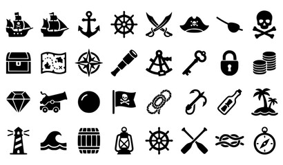 Modern pirate and nautical adventure silhouette icon collection with treasure maps anchors locks and maritime exploration symbols isolated on white background © Jahangir