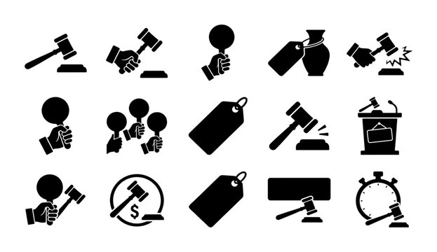 Auction and bidding icon set, 15 black vector silhouettes of judge gavel and bidder paddles, commercial sale and legal justice symbols