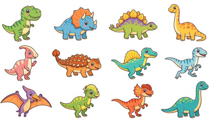 Cute Dinosaur Cartoon Character Vector Set with Adorable Prehistoric Animals © Sagor