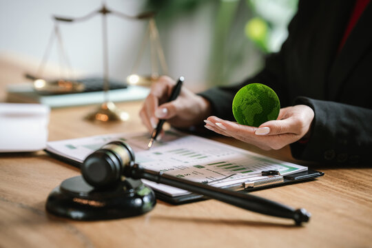 Judge's gavel above a green globe symbolizing environmental law, ESG compliance, climate justice, and sustainable governance.