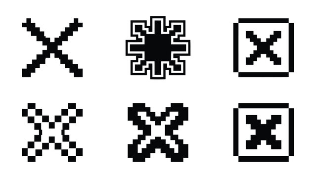 Retro pixel art cross icons set, 8-bit style delete and close symbols, black and white gaming interface elements, 6 vector pixelated UI buttons