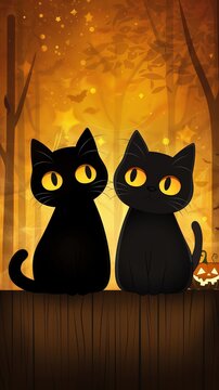 Two playful black cats enjoy autumn with a backdrop of orange leaves and soft yellow lights