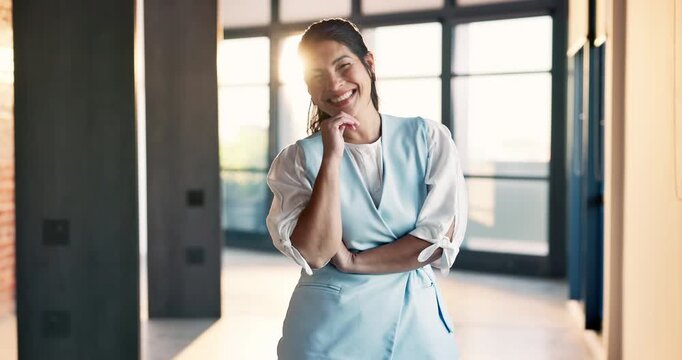Business, face or woman in office with laugh, property investor or pride in housing industry. Confidence, flare or happy realtor with funny joke, listing agent or about us in real estate career.