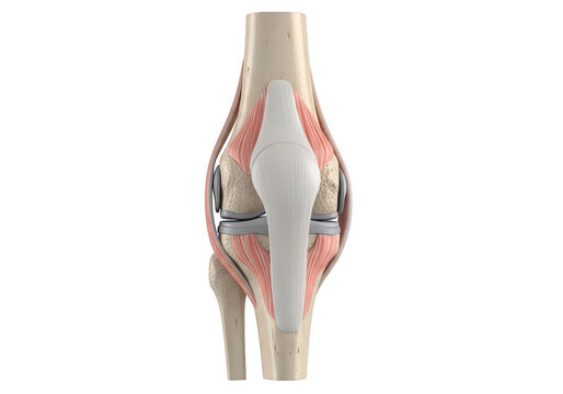 Anatomy of human knee joint showing bones ligaments and tendons in a medical visualization