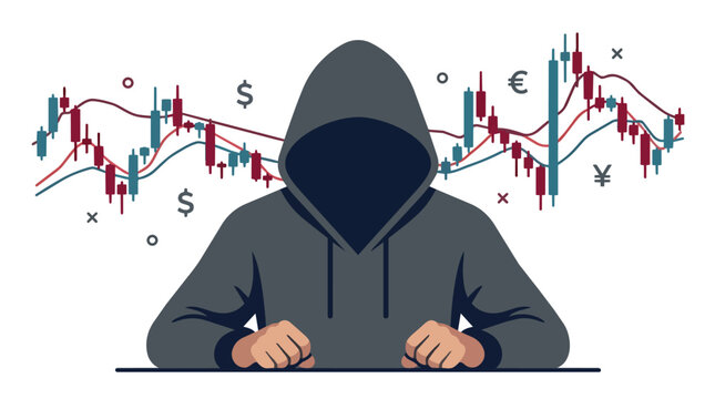 Cybercrime hacker manipulating stock market candlestick charts and currency symbols in flat vector illustration for fintech security awareness