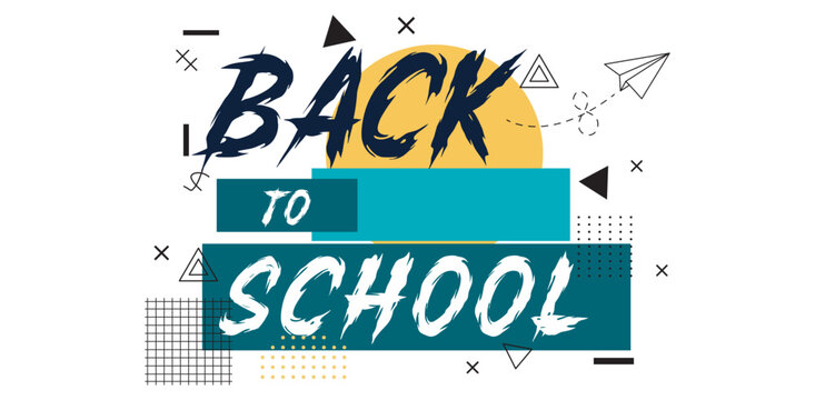 Back to school lettering typography design with abstract geometric elements, paper plane, and grid pattern