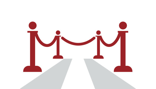 Red velvet rope stanchions lining a prestigious grey carpet pathway isolated on a clean white background.