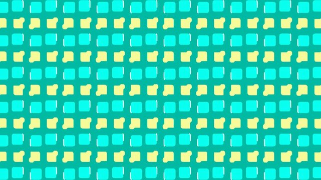A playful 2D flat animation with rotating pink and yellow rounded squares and capsule shapes on a teal background in retro Memphis style.