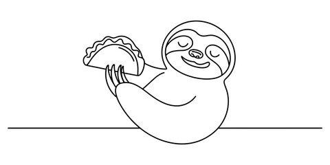 Fototapeta premium Cute cartoon sloth holding a delicious taco line art drawing for kids coloring page style illustration with simple black outlines on a clean surface