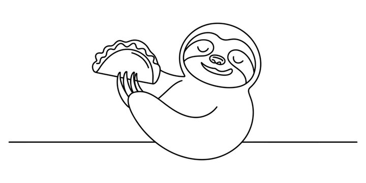 Cute cartoon sloth holding a delicious taco line art drawing for kids coloring page style illustration with simple black outlines on a clean surface